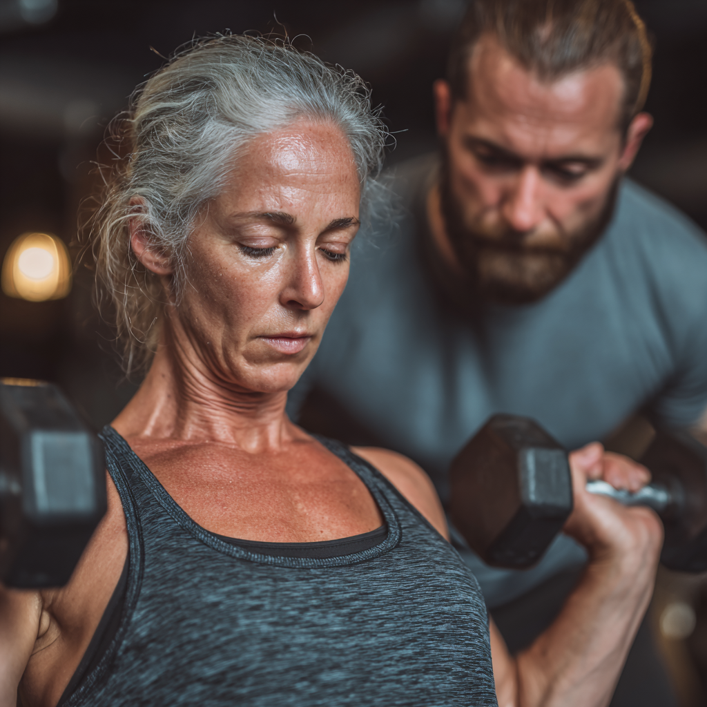 Жінка 52 років займається персональними тренуваннями з тренером у фітнес-залі