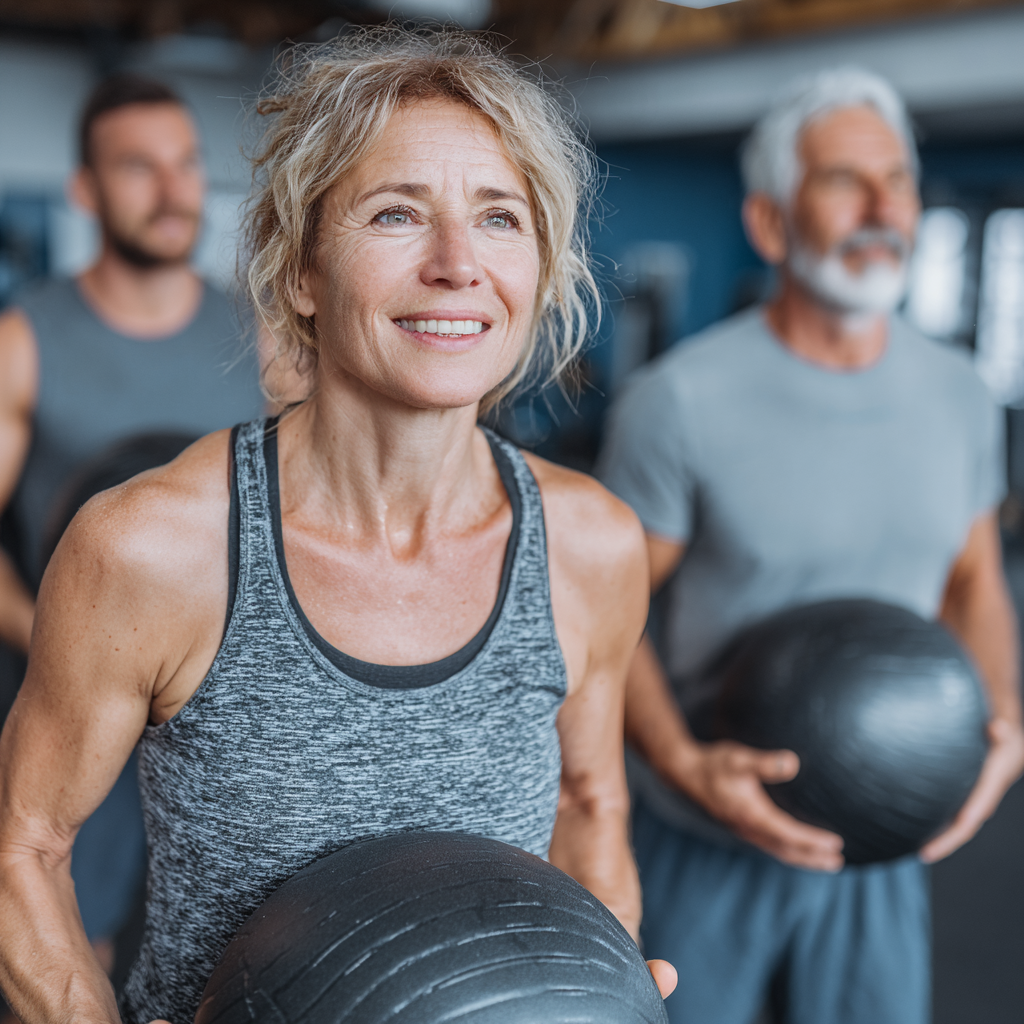 Група людей віком 50-60 років займається функціональним тренуванням у просторому фітнес-залі